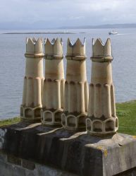Duart castle: the chimneys. (Oban - Mull ferry in the background).
